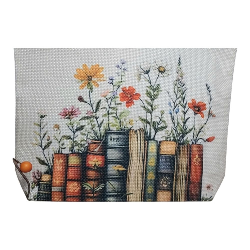Colorful Book And Flower Print Pouch Cosmetic Bag with Bookmarks NWT - Picture 2 of 3